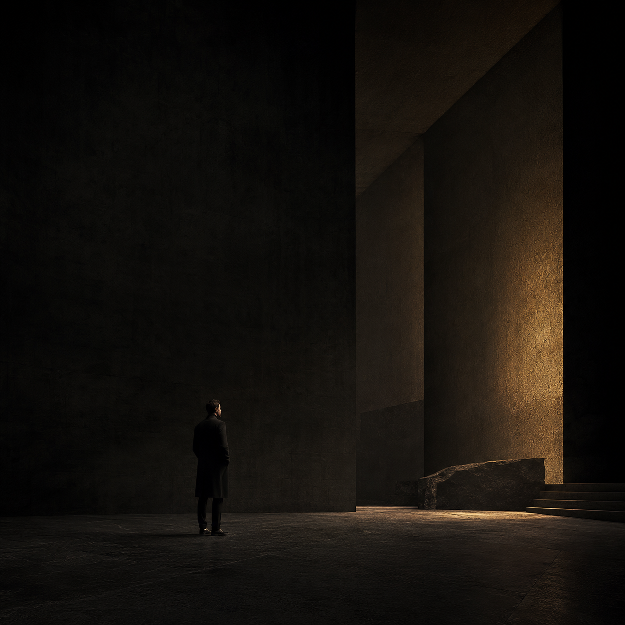 A lone figure in a tailored overcoat within a vast, dimly lit architectural space