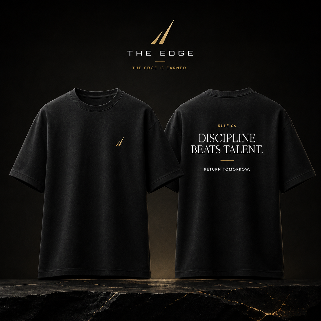 Concept visual of THE DISCIPLINE TEE showing front and back views of a heavyweight black t-shirt
