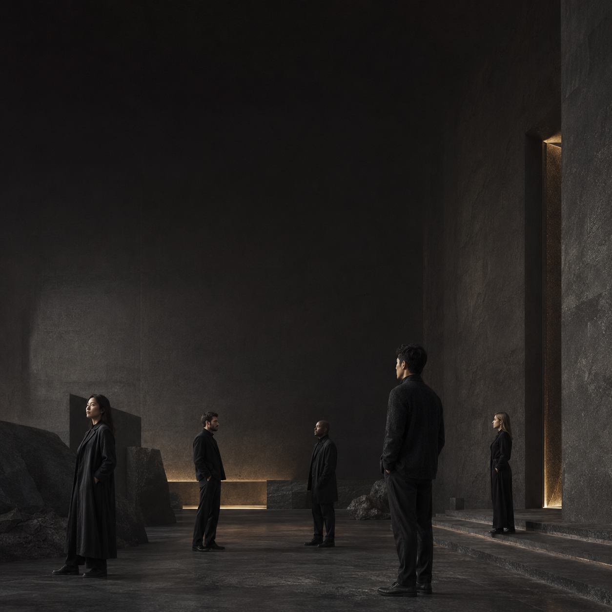 A small group of people in dark tailored clothing standing apart in a dim architectural space